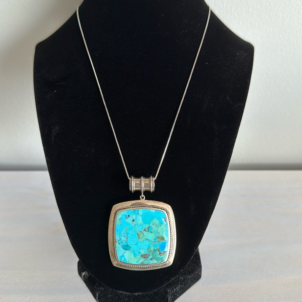 Large square Turquoise & Sterling Silver Pendant.
